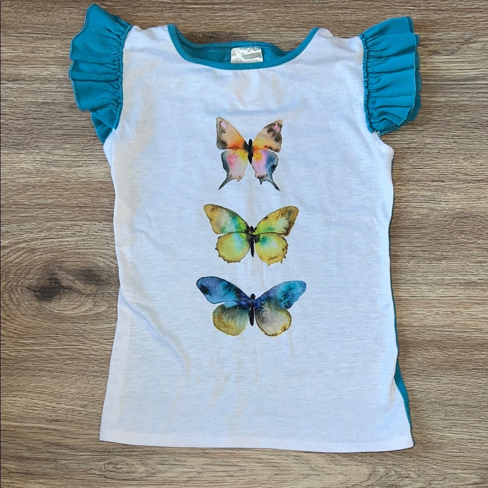 Persnickety Butterfly Ruffle Sleeve Tee - White & Teal
